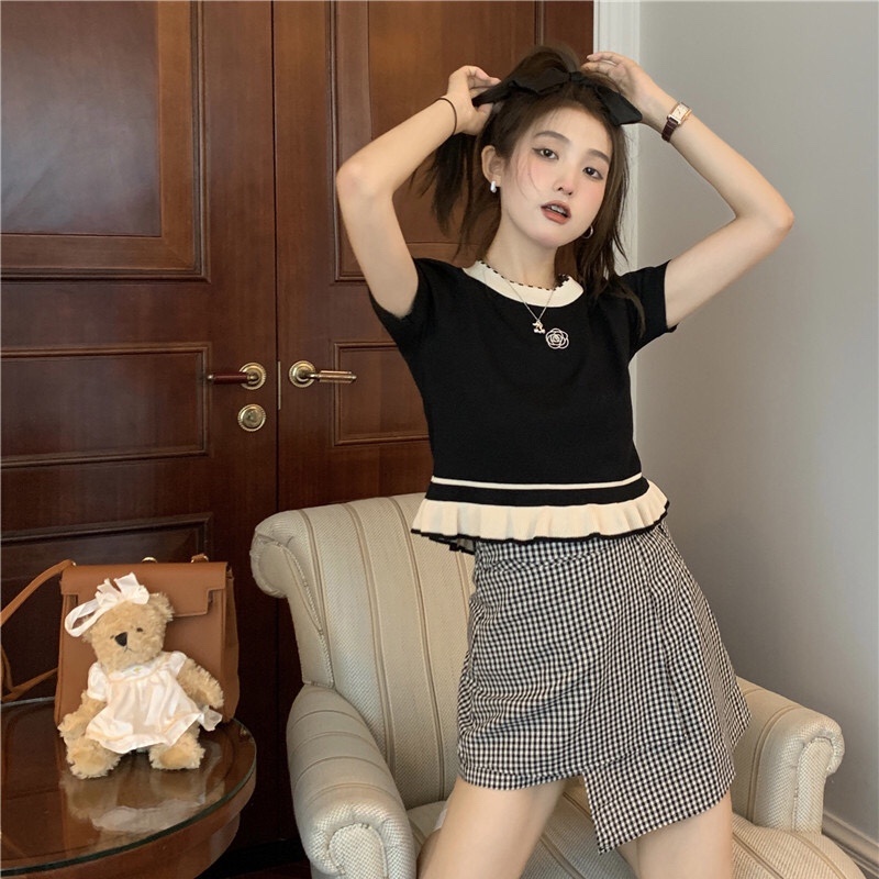 ZHELIHANGFEI Áo Thun Dệt Kim Tay Ngắn Dáng Rộng Phong Cách Thời Trang Hàn Quốc