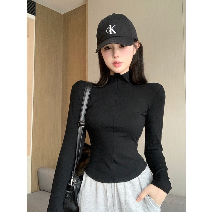 ZHELIHANFGEI Áo Thun Tay Dài Cổ Cao Dáng Ôm Có Khóa Kéo Thời Trang Quyến Rũ Cho Nữ