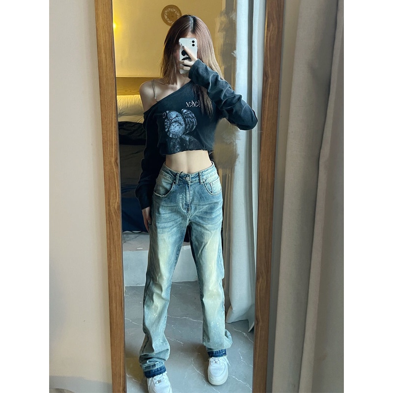 ZHELIHANGFEI Quần Jean Dài Lưng Cao Kiểu Retro Mỹ Cá Tính