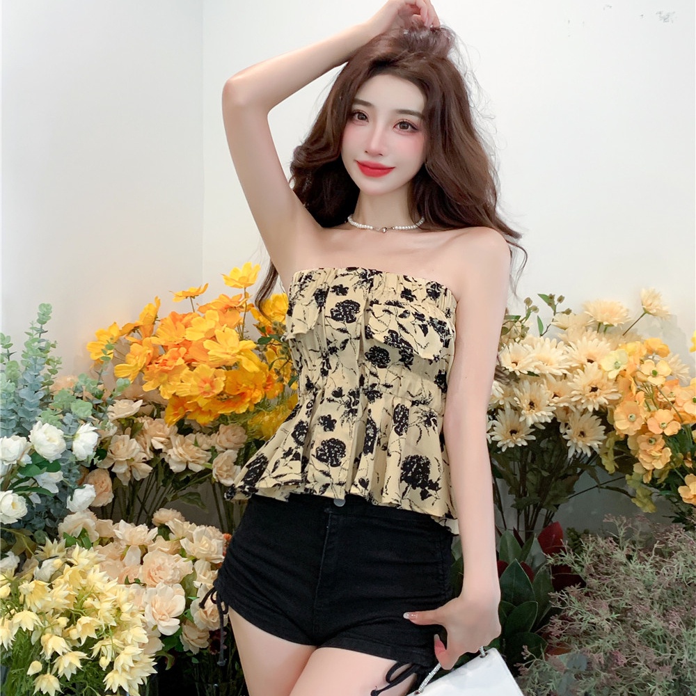 ZHELIHANGFEI Áo sơ mi hoa tay ngắn ống ngắn ống quyến rũ nữ mới gợi cảm