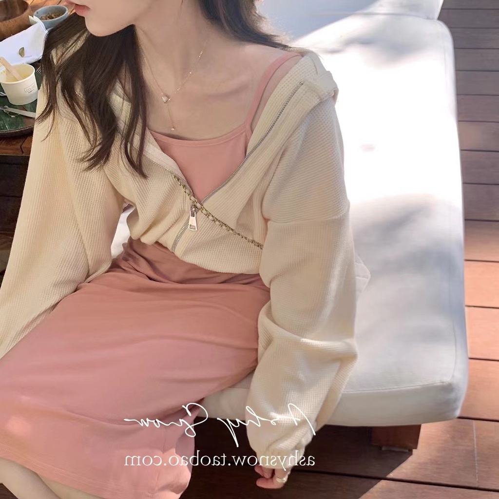 ZHELIHANGFEI Set Áo Khoác Tay Dài Dáng Rộng Phối Váy Yếm Dài Thời Trang Xinh Xắn Cho Nữ