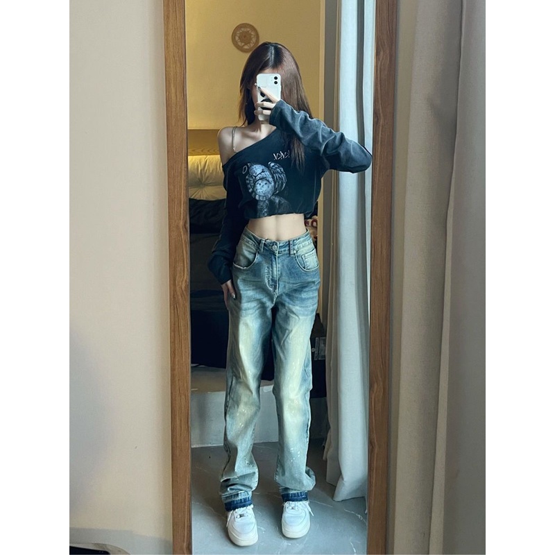 ZHELIHANGFEI Quần Jean Dài Lưng Cao Kiểu Retro Mỹ Cá Tính