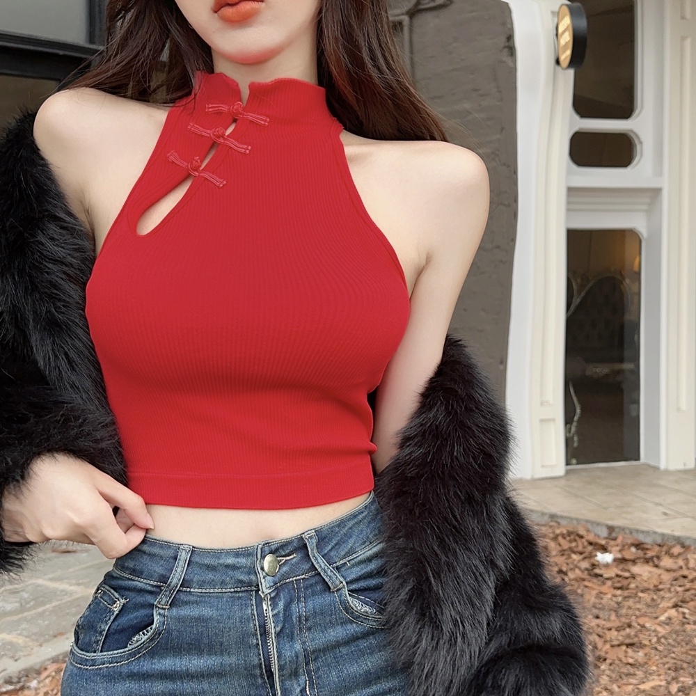 ZHELIHANGFEI Áo Croptop Không Tay Eo Cao Phong Cách Trung Hoa Mới