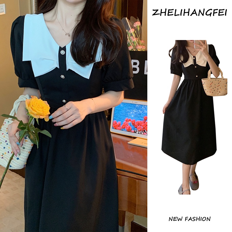 ZHELIHANGFEI Đầm Đen Dáng Dài Chiết Eo Cao Phong Cách Retro Hàn Quốc