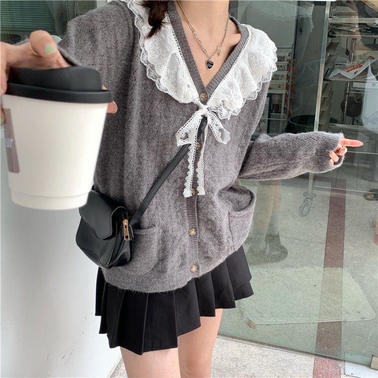 ZHELIHANGFEI Áo Khoác Cardigan Dệt Kim Tay Dài Dáng Rộng Cổ Phối Ren Ngọt Ngào Xinh Xắn