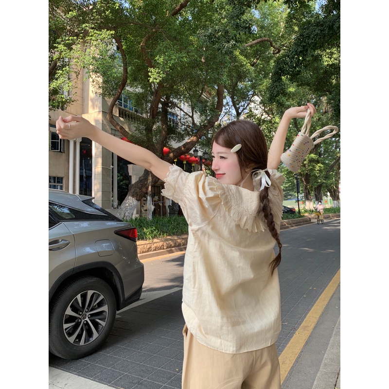 ZHELIHANGFEI Áo Sơ Mi Dài Tay Cổ Búp Bê Họa Tiết Thêu Phong Cách Retro Pháp