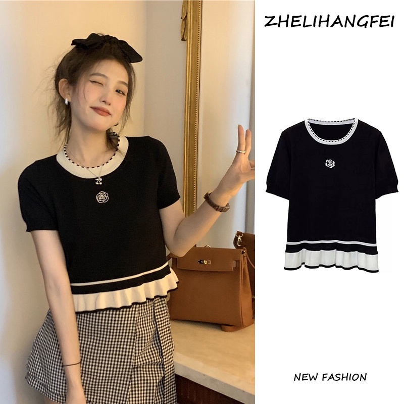 ZHELIHANGFEI Áo Thun Dệt Kim Tay Ngắn Dáng Rộng Phong Cách Thời Trang Hàn Quốc