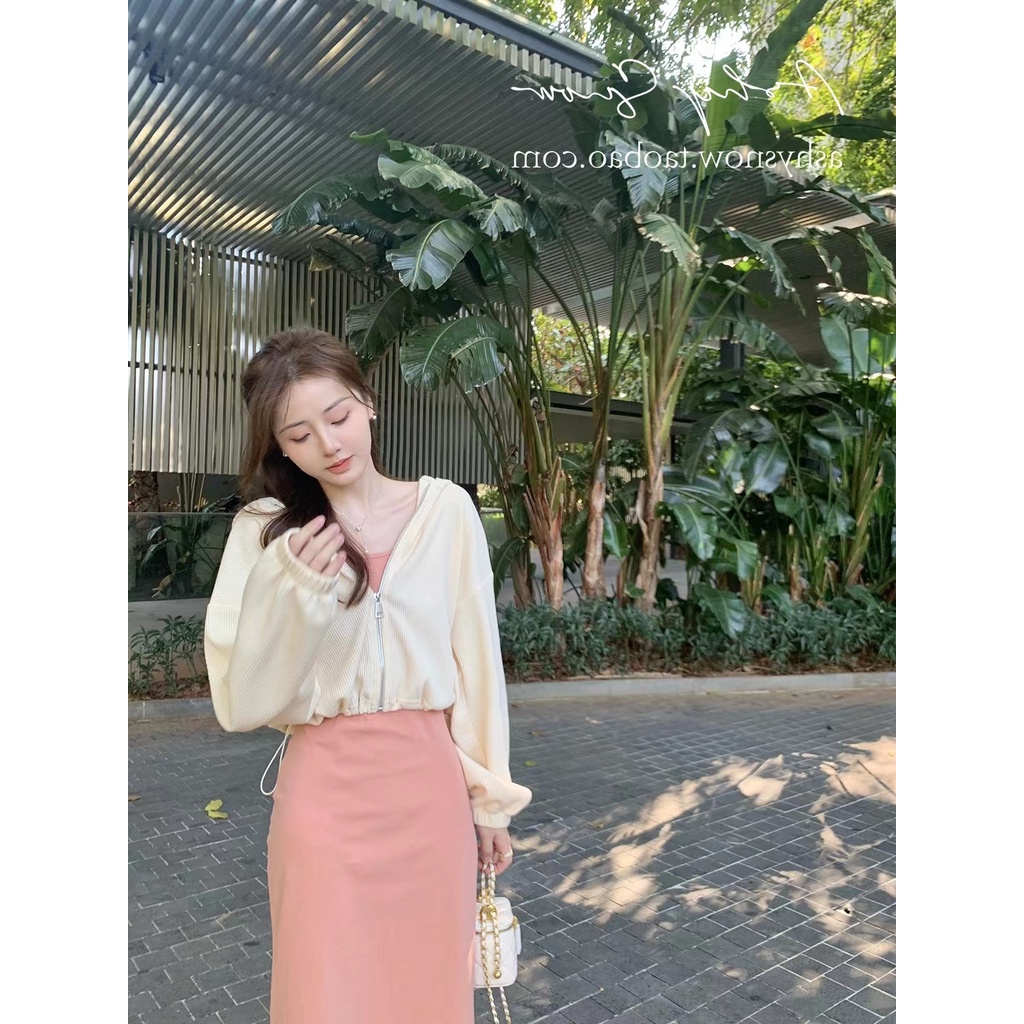 ZHELIHANGFEI Set Áo Khoác Tay Dài Dáng Rộng Phối Váy Yếm Dài Thời Trang Xinh Xắn Cho Nữ