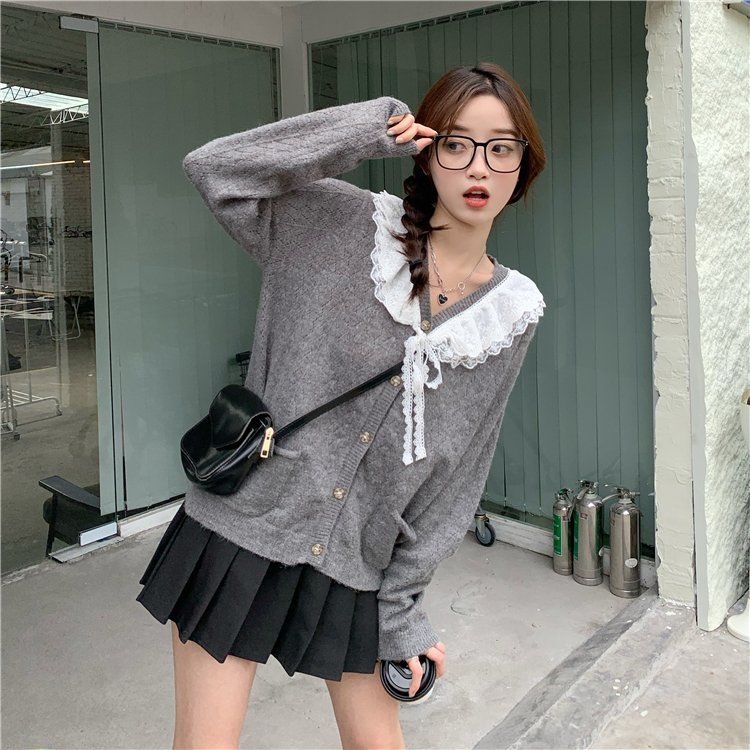 ZHELIHANGFEI Áo Khoác Cardigan Dệt Kim Tay Dài Dáng Rộng Cổ Phối Ren Ngọt Ngào Xinh Xắn