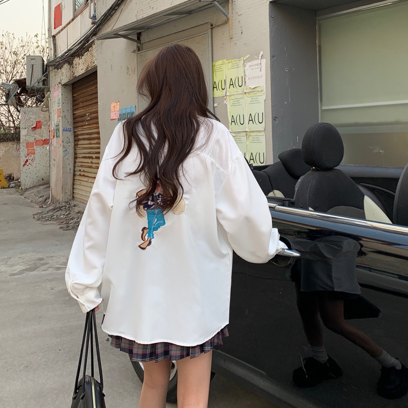 ZHELIHANGFEI Áo Sơ Mi Trắng Tay Dài Dáng Rộng Thêu Hoạ Tiết Thỏ Hoạt Hình Xinh Xắn