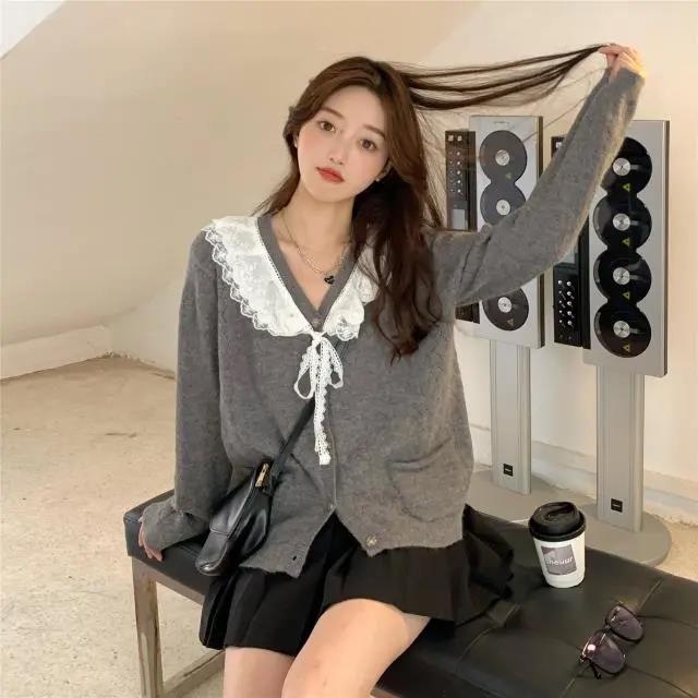 ZHELIHANGFEI Áo Khoác Cardigan Dệt Kim Tay Dài Dáng Rộng Cổ Phối Ren Ngọt Ngào Xinh Xắn