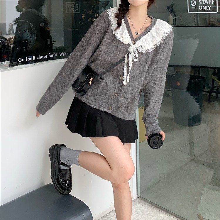 ZHELIHANGFEI Áo Khoác Cardigan Dệt Kim Tay Dài Dáng Rộng Cổ Phối Ren Ngọt Ngào Xinh Xắn