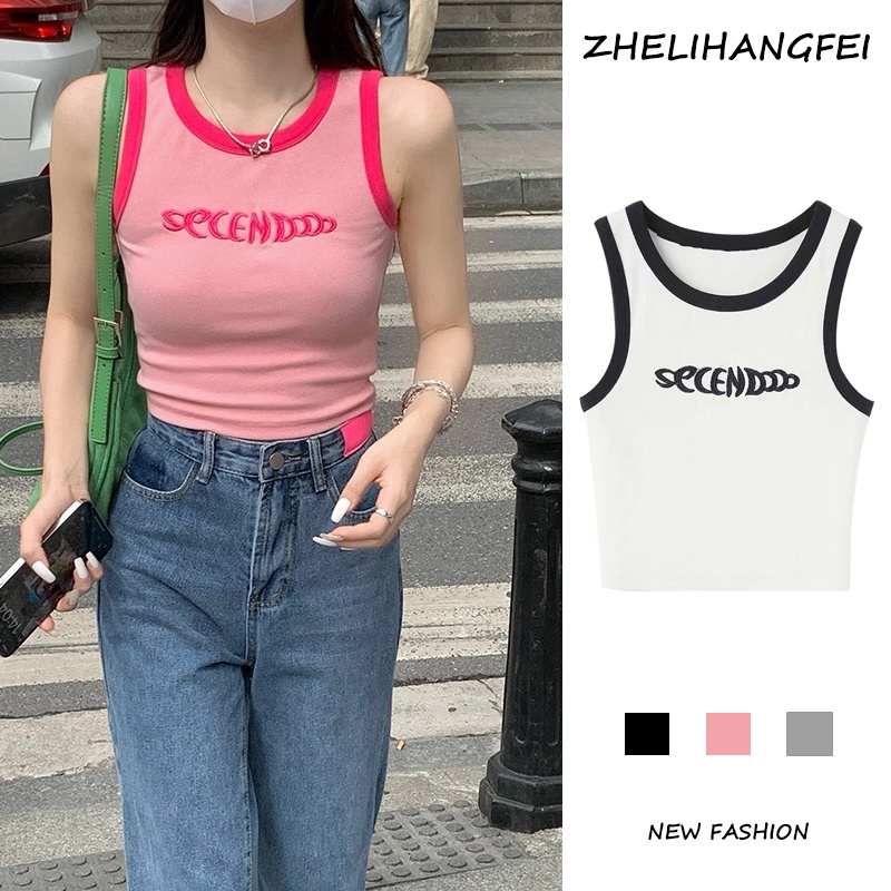 ZHELIHANGFEI Áo Croptop Sát Nách In Chữ Thời Trang Cá Tính Cho Nữ