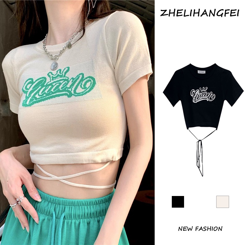 ZHELIHANGFEI Áo Croptop Tay Ngắn Hoạ Tiết In Thiết Kế Quyến Rũ