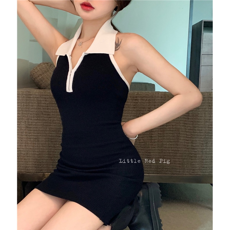 ZHELIHANGFEI Đầm Hai Dây Màu Đen Nhấn Eo Cao Tôn Dáng Quyến Rũ Hợp Thời Trang