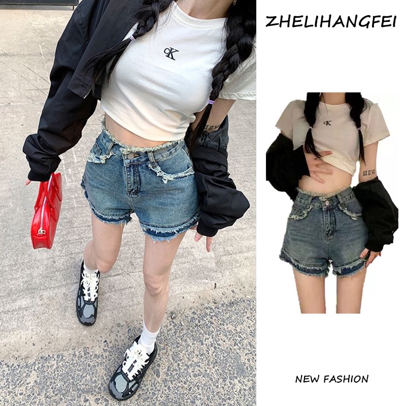 ZHELIHANGFEI Quần Short Jean Lưng Cao Kiểu Retro Mỹ Cá Tính