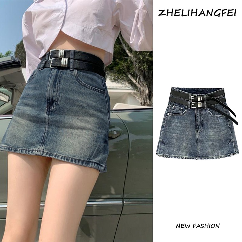 ZHELIHANGFEI Chân Váy Denim Chữ a Lưng Cao Phong Cách Retro