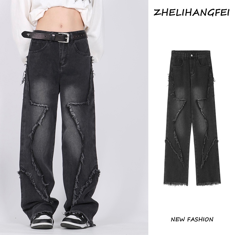 ZHELIHANGFEI Quần Jean Dài Lưng Cao Ống Rộng Phong Cách Đường Phố Cá Tính