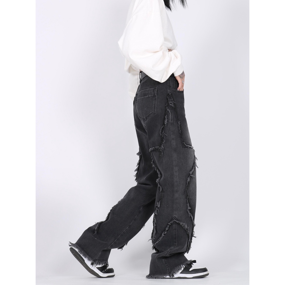 ZHELIHANGFEI Quần Jean Dài Lưng Cao Ống Rộng Phong Cách Đường Phố Cá Tính