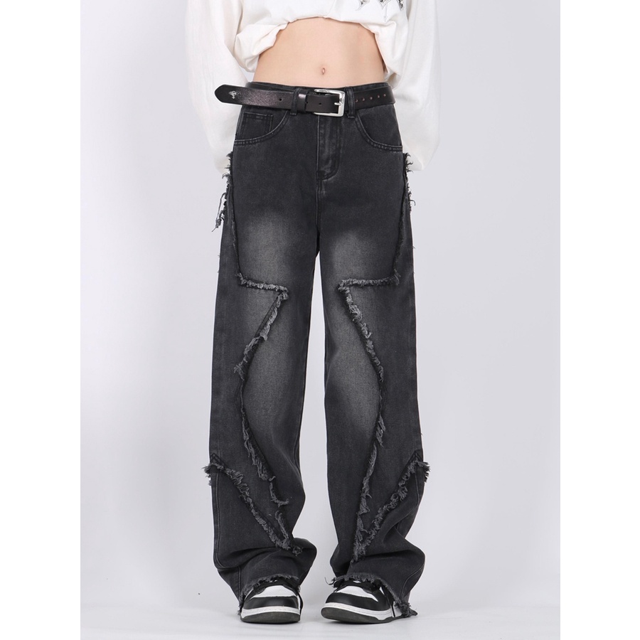 ZHELIHANGFEI Quần Jean Dài Lưng Cao Ống Rộng Phong Cách Đường Phố Cá Tính