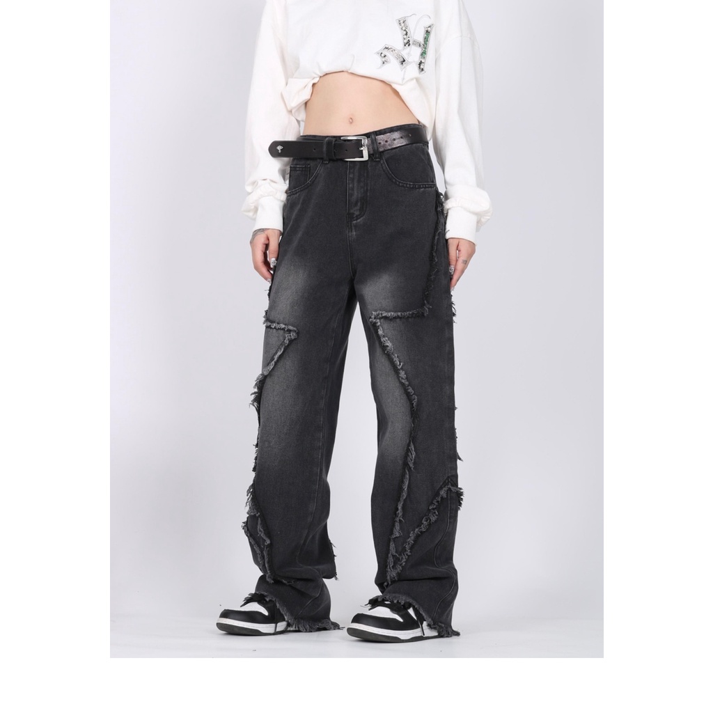 ZHELIHANGFEI Quần Jean Dài Lưng Cao Ống Rộng Phong Cách Đường Phố Cá Tính