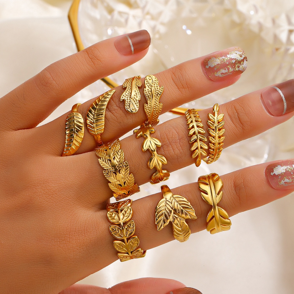 Nhẫn Hở Mạ Vàng 18K Bằng Thép Không Gỉ Hình Chiếc Lá Phong Cách Retro
