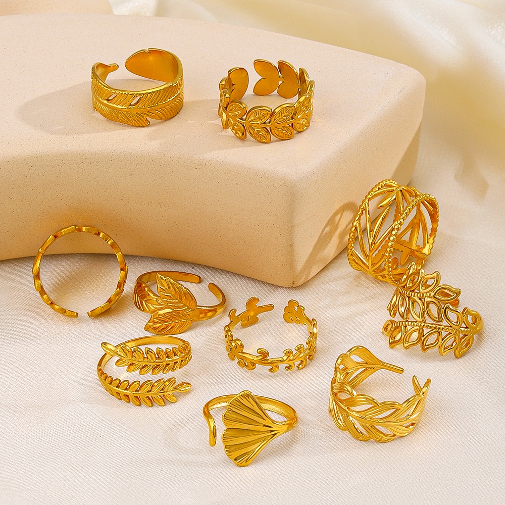 Nhẫn Hở Mạ Vàng 18K Bằng Thép Không Gỉ Hình Chiếc Lá Phong Cách Retro