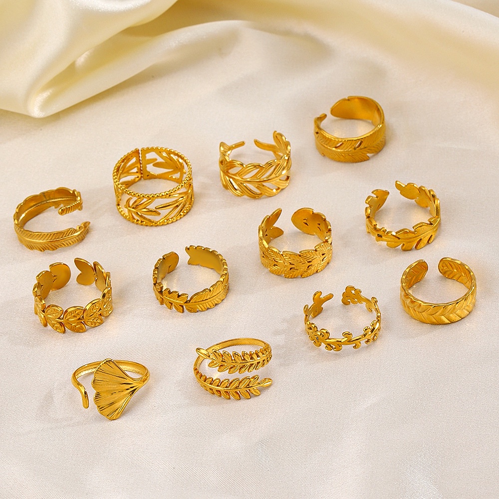 Nhẫn Hở Mạ Vàng 18K Bằng Thép Không Gỉ Hình Chiếc Lá Phong Cách Retro