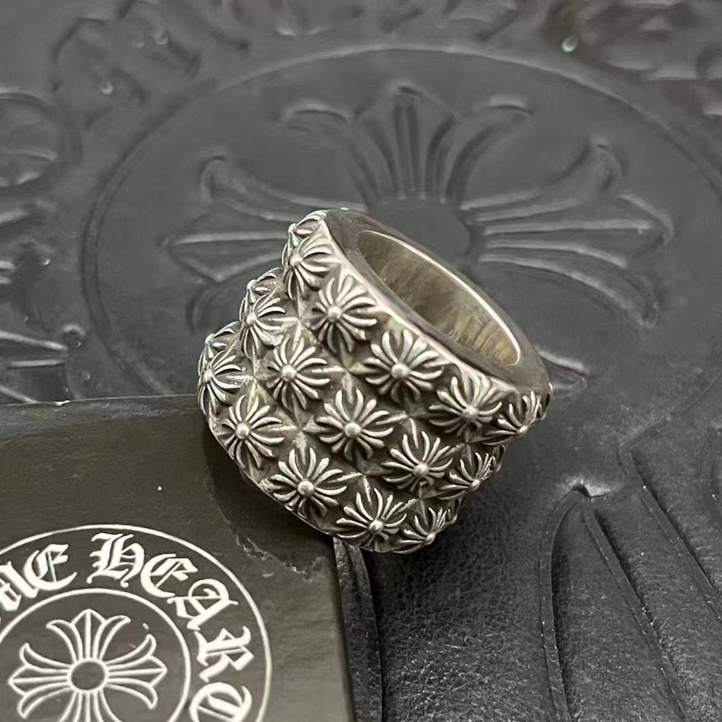 Chrome hearts sterling silver 925 triple cross flower phiên bản rộng nhẫn carnival party trang sức sang trọng