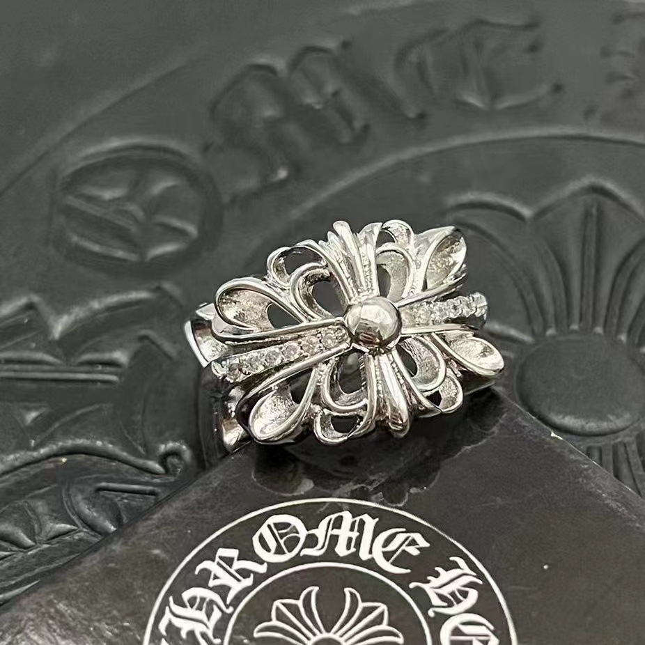 Chrome hearts sterling silver 925 lấp lánh hoa chữ thập mở nhẫn phụ kiện tiệc sang trọng đồ trang sức phong cách punk cổ điển quà tặng ngày lễ tình nhân