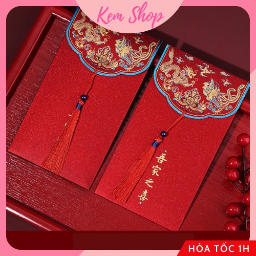 Bao lì xì đỏ kèm tua rua may mắn giấy nhũ cao cấp dùng chúc Tết năm mới, đám cưới ăn hỏi đại lễ - Kem Shop K298