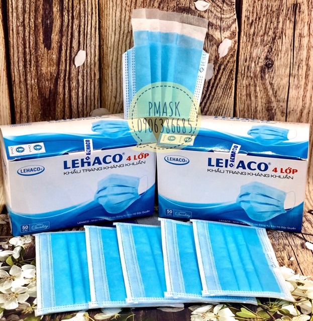 Khẩu trang 4 lớp Lehaco màu Xanh Kháng Khuẩn hộp 50 cái