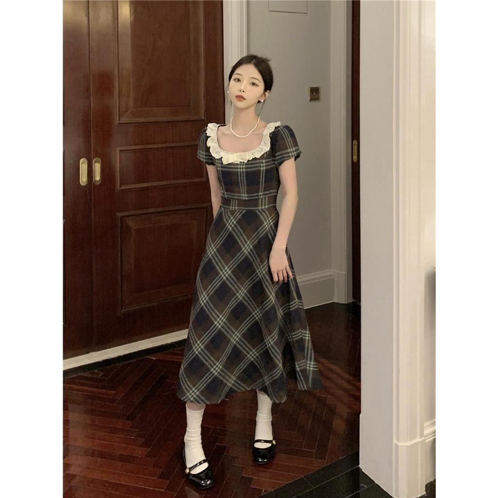 Platycodon Đầm Tay Ngắn Cổ Vuông Phối Ren Họa Tiết Kẻ Sọc Phong Cách Cổ Điển Thời Trang Cho Nữ