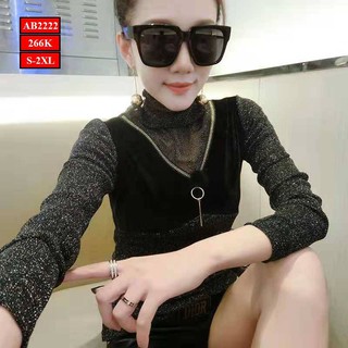 (AB2222) Áo thun nữ dài tài cổ cao phối lưới phun kim sa cao cấp siêu sang chảnh