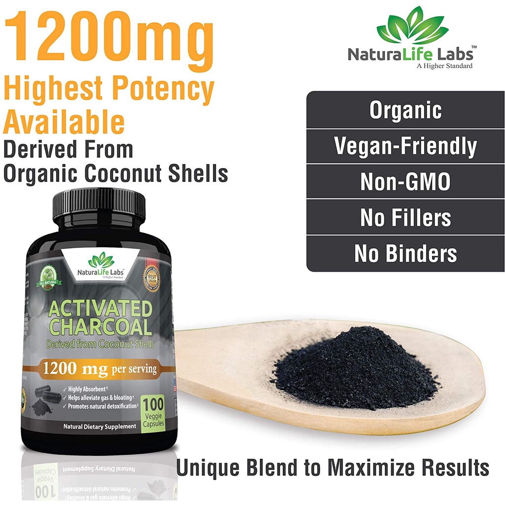 NaturaLife Labs Activated Charcoal 1200mg - Viên nang than hoạt tính hỗ trợ giải độc, hệ tiêu hóa và trắng da 100 viên