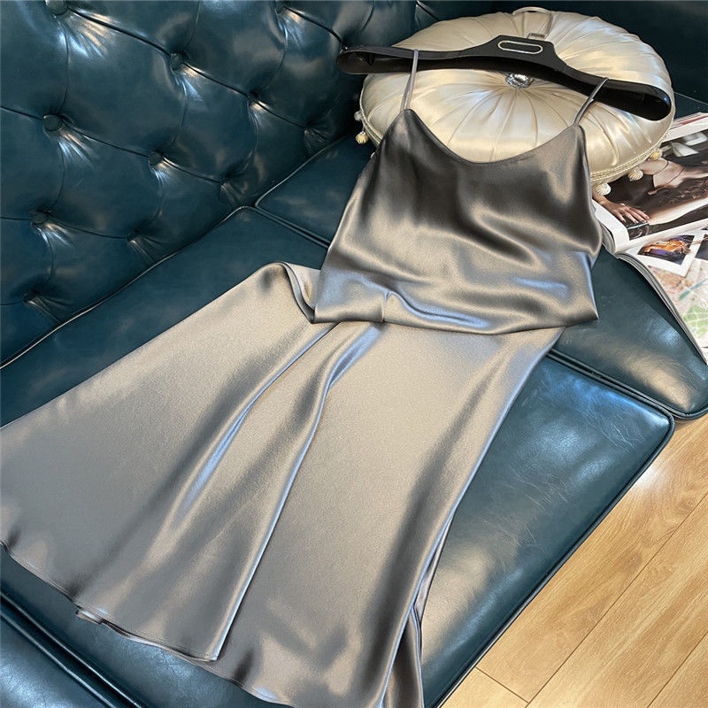 Đầm Hai Dây Giả Lụa Satin Dáng Ôm Dài Vừa Vặn Hàng Châu Cao Cấp