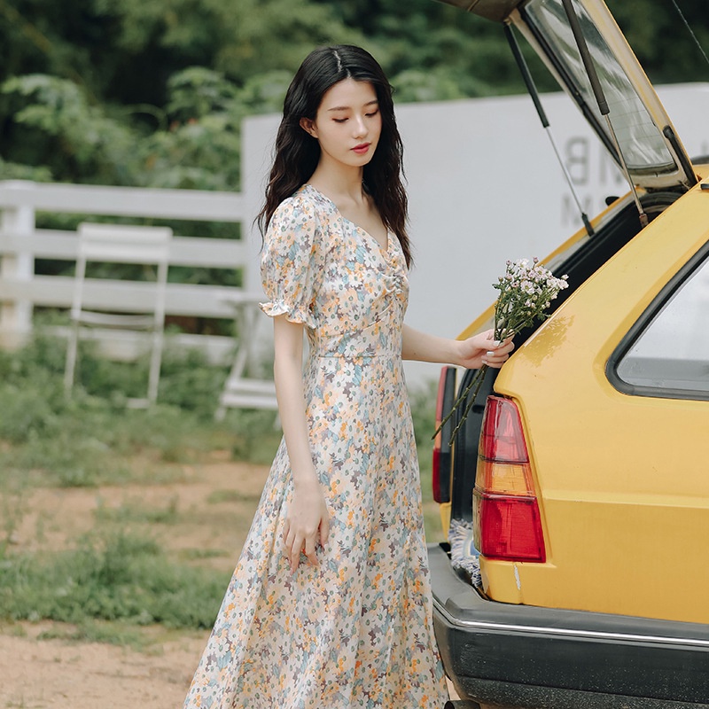 Váy Hoa Nhí Vintage, Đầm Hoa Nhí Vintage Dáng Dài, Váy Maxi Dài Xẻ Tà Cổ Chữ V , Ngực Cụp | BigBuy360 - bigbuy360.vn