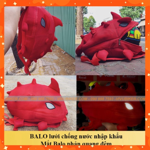 GIÁ KHO - Balo đi phượt, đi học hình Balo khủng long phản quang cao cấp màu đỏ - Túi tắc kè đựng nón bảo hiểm lưới