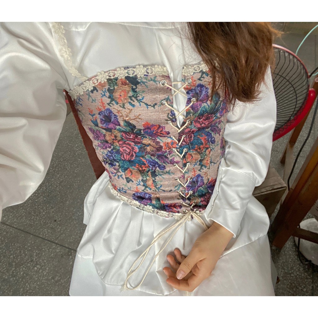 [Sẵn Hàng]♥️Set Áo Corset Victorian+Đầm,Váy Trắng(ảnh thật)Size S-&gt;XL Hoa Tiết Cổ Điển Vintage