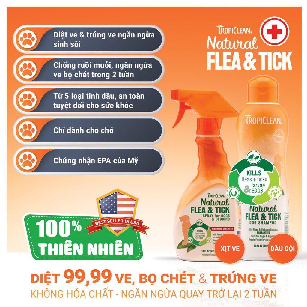 Sữa Tắm &amp; Xịt Ngừa Ve Bọ Chét Cho Chó Tropiclean Natural Flea &amp; Tick