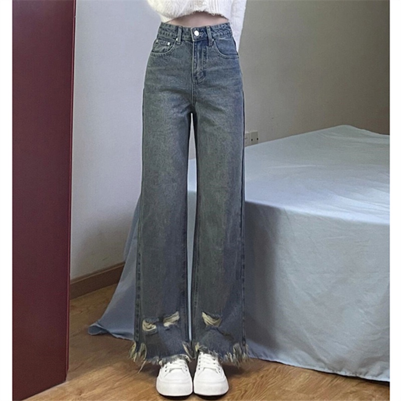 Quần Jean Lưng Cao Ống Suông Rộng Phối Rách Size Xs-2XL Phong Cách retro Mỹ Cho Nữ