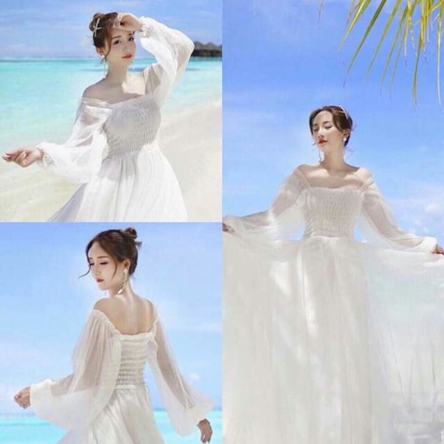 (free chỉnh sửa váy) đầm maxi trắng tay dài váy xoè, maxi trắng trễ vai