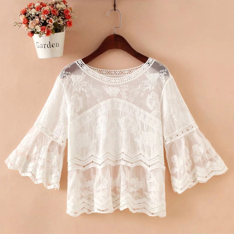 Áo Voan Tay Lỡ 3 / 4 Thêu Hoa Dành Cho Nữ