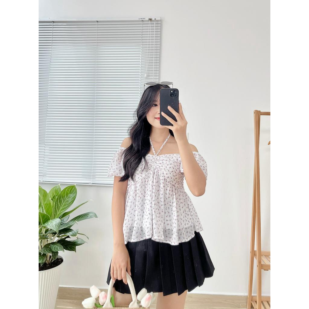 Áo Babydoll Trễ Vai Tay Phồng Hoa Nhí Tím A05