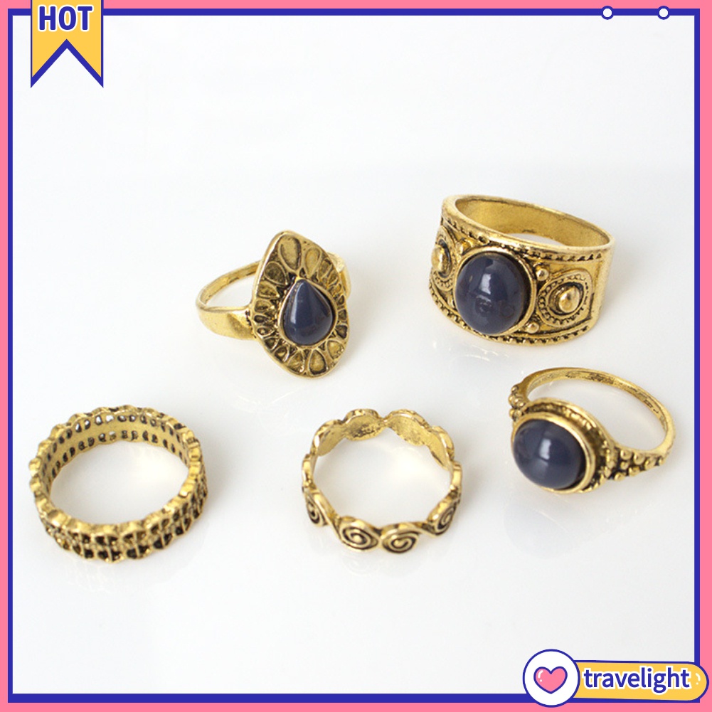 Set 5 Nhẫn Đính Đá Xanh Phong Cách Bohemian Cổ Điển Cho Nữ