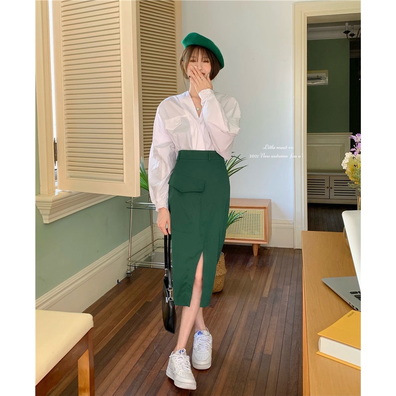 Bộ áo sơ mi trắng tay dài và chân váy thiết kế mới phong cách Pháp retro (có bán lẻ)