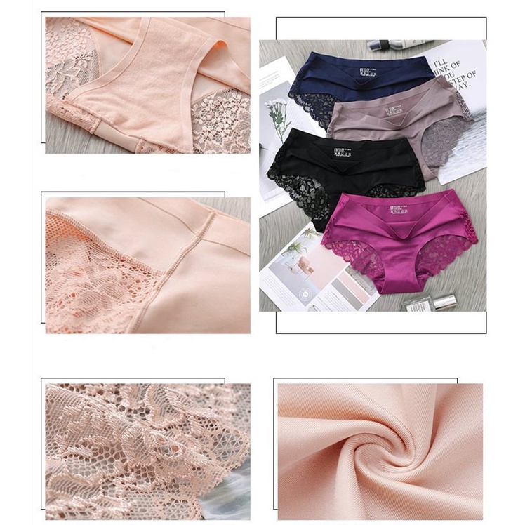 Quần Lót Lụa Mềm Phối Ren Không Đường May Size M-XXL