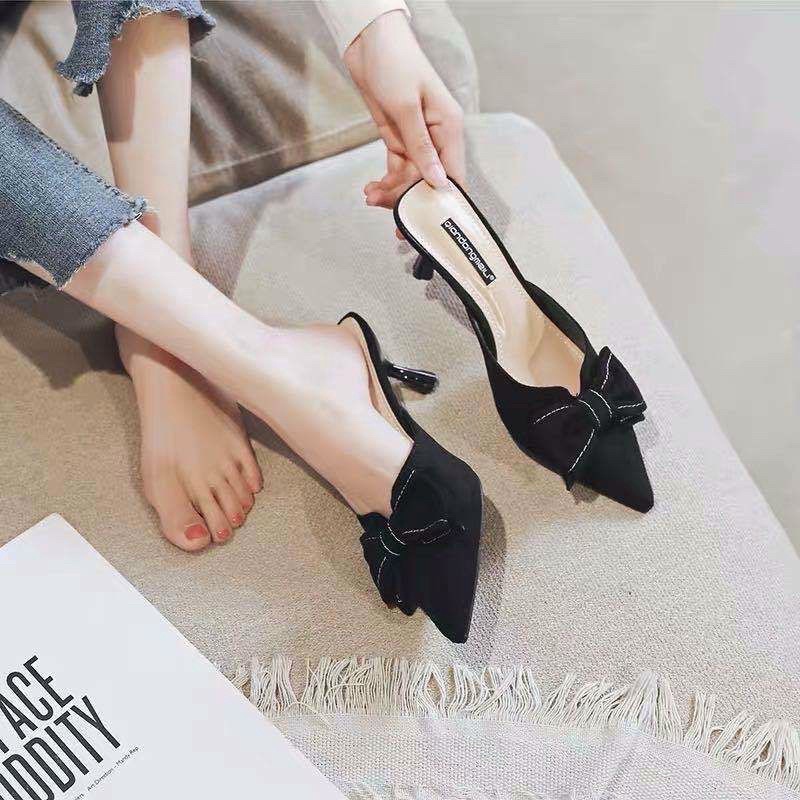 Giày sục nỉ nhung đính nơ gót đũa 7p