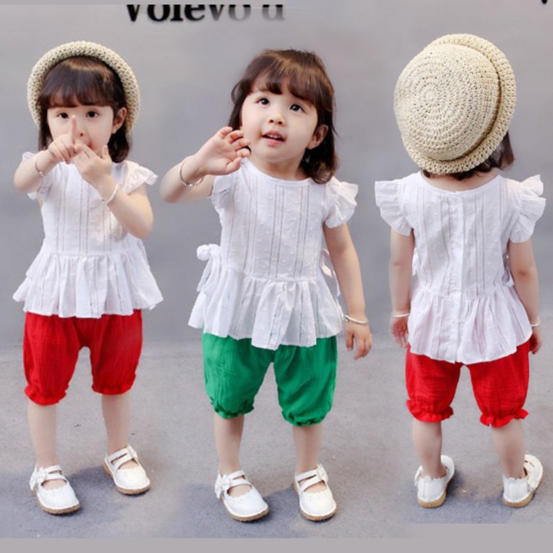 Set áo thun tay ngắn cổ tròn + quần đùi xinh xắn dành cho bé gái