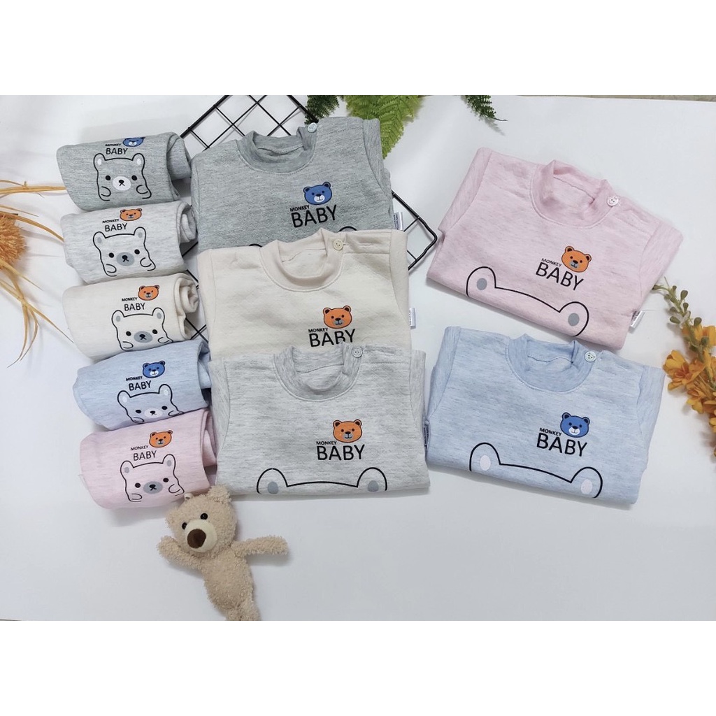 Bộ Xốp Trần Bông Cài Vai Mềm Mại, Cổ Cao Giữ Ấm Cổ Cho Bé Mùa Thu Đông, In Họa Tiết Gấu Dể Thương